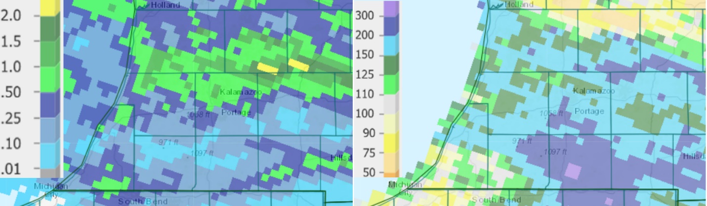 Precipitation totals from the past 7 days (left) and percent of normal for the past 14 days (right) as of July 13. Note: these do not include the pop-up showers that passed through the region on Wednesday.